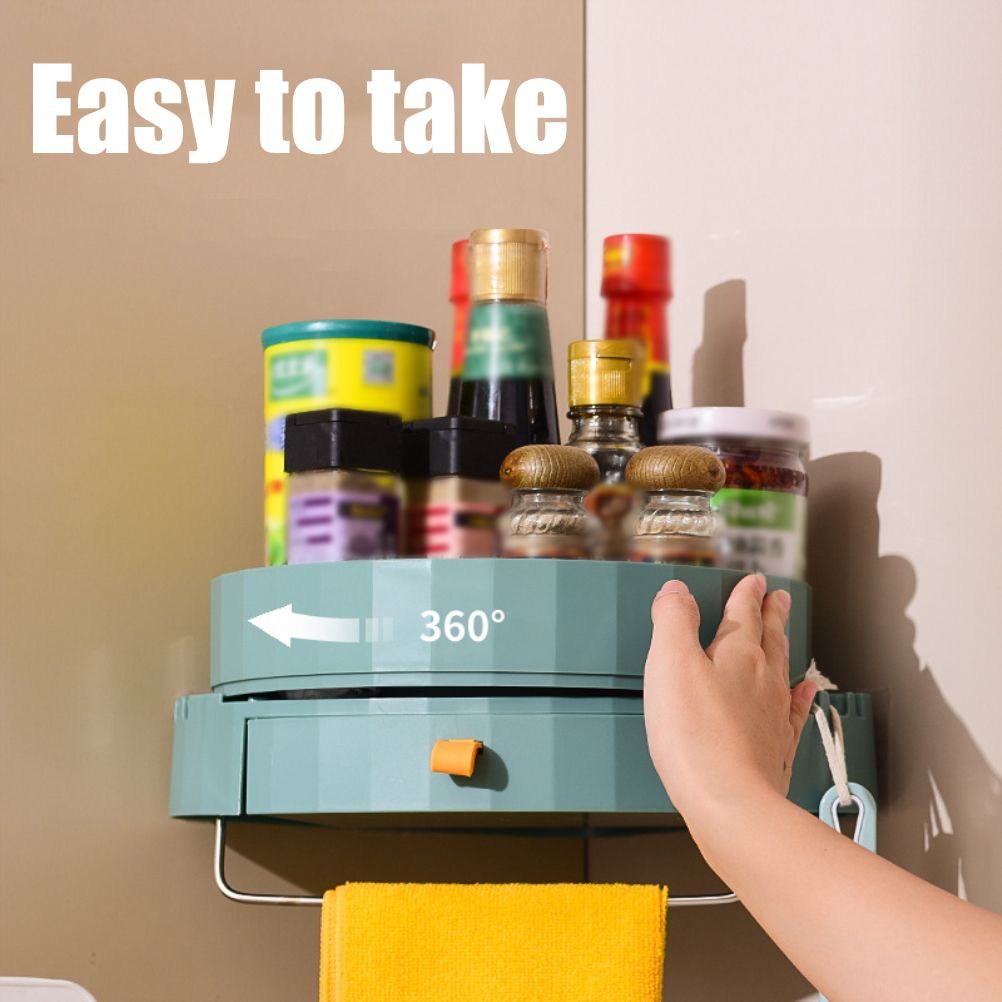 Rotating Spice Rack Holder with Drawer Wall Mounted Kitchen Spice Storage Shelves Bathroom Kitchen Storage Rack Organizer
