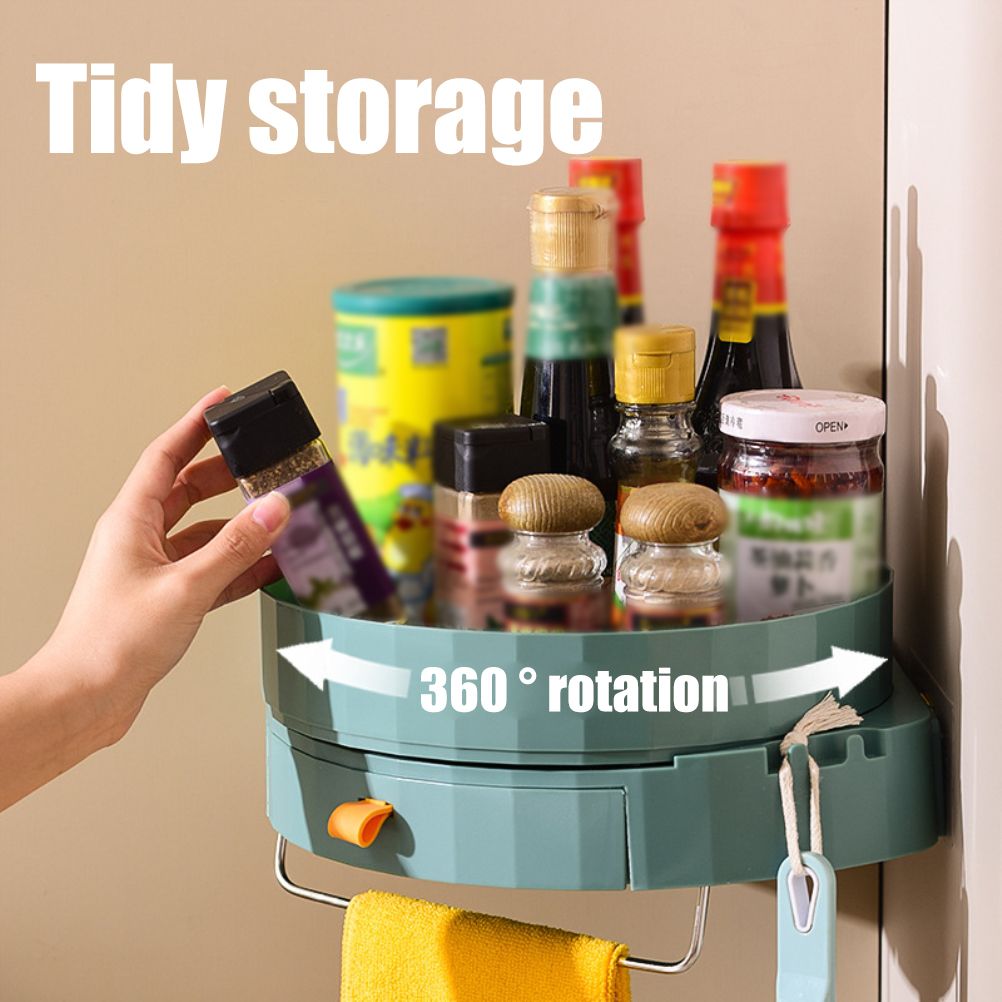Rotating Spice Rack Holder with Drawer Wall Mounted Kitchen Spice Storage Shelves Bathroom Kitchen Storage Rack Organizer