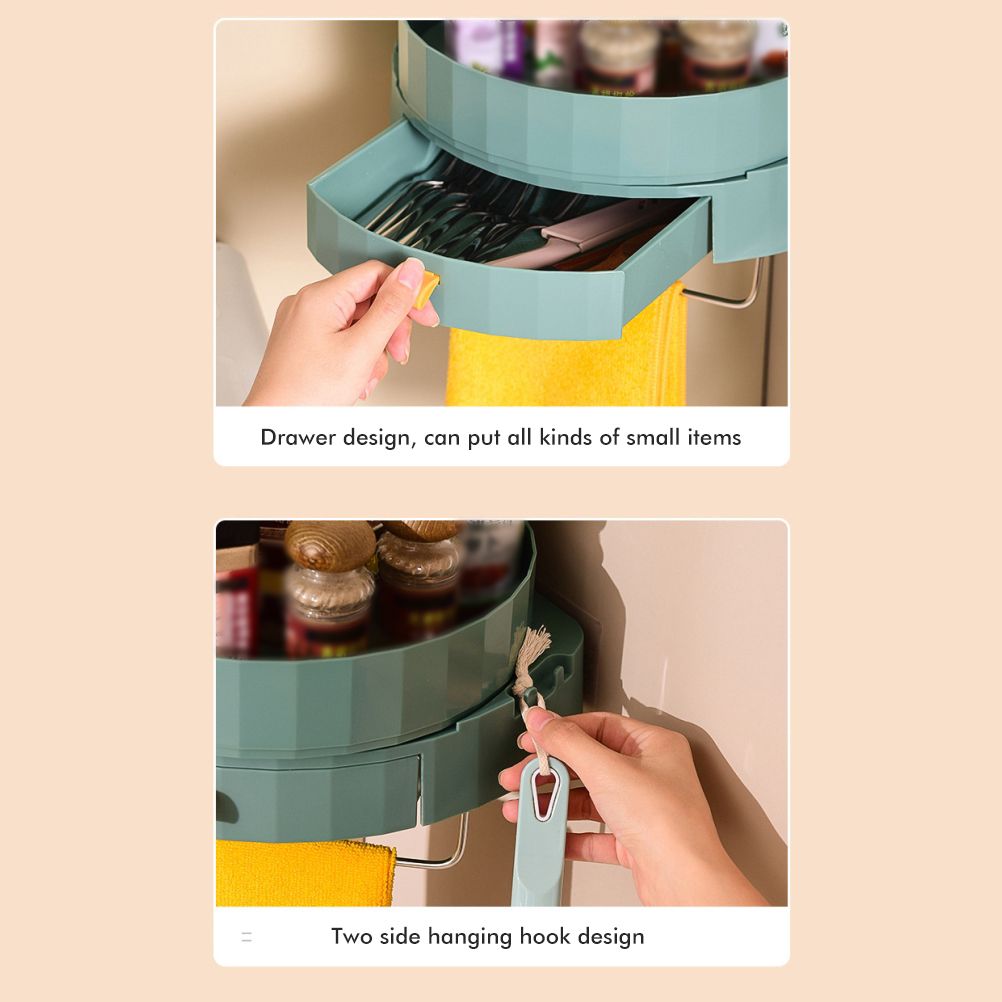 Rotating Spice Rack Holder with Drawer Wall Mounted Kitchen Spice Storage Shelves Bathroom Kitchen Storage Rack Organizer