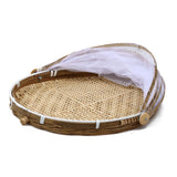 Covered Bamboo Serving Food Tent Basket Hand Woven Round Food Basket with Mesh Cover