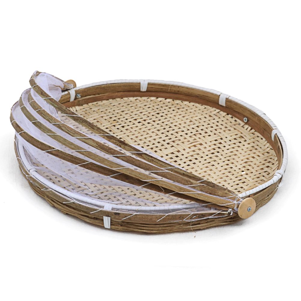 Covered Bamboo Serving Food Tent Basket Hand Woven Round Food Basket with Mesh Cover