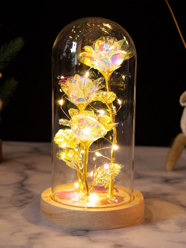 LED Rose Light Rose in Glass on Wooden Base Artificial Rose Flower Light Preserved Rose with LED Light