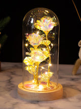 LED Rose Light Rose in Glass on Wooden Base Artificial Rose Flower Light Preserved Rose with LED Light - Close-Up Angle