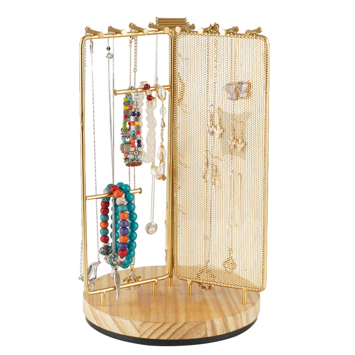 3 in 1 Jewelry Stand Display Multi Tiers Wooden Swivel Base Jewelry Display Holder for Necklace Gold