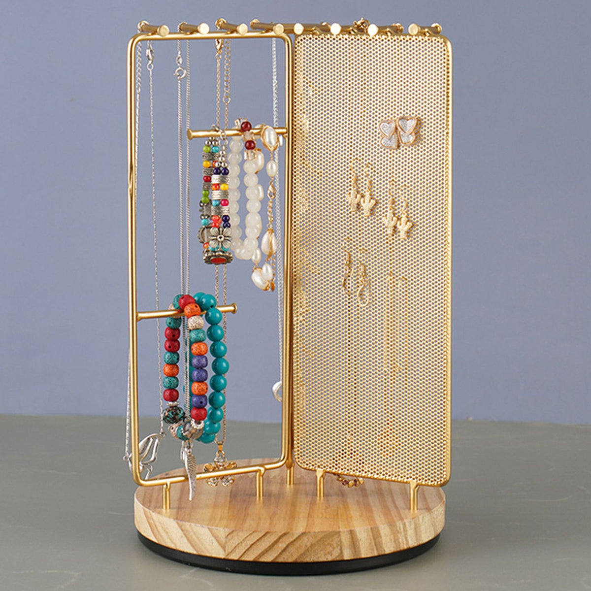 3 in 1 Jewelry Stand Display Multi Tiers Wooden Swivel Base Jewelry Display Holder for Necklace Gold