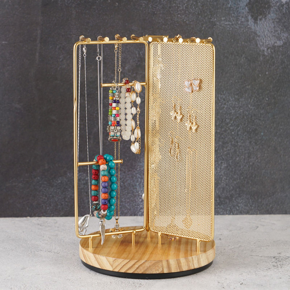 3 in 1 Jewelry Stand Display Multi Tiers Wooden Swivel Base Jewelry Display Holder for Necklace Gold