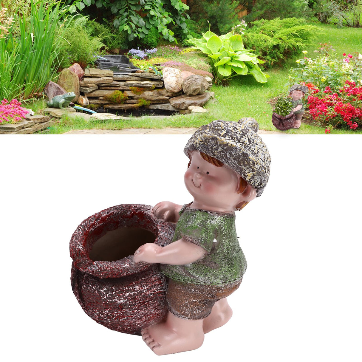 Flower Pot Ornament Cartoon Kid Shape Waterproof Textured Exquisite Vivid Statue for Garden Lawn Desk Decoration