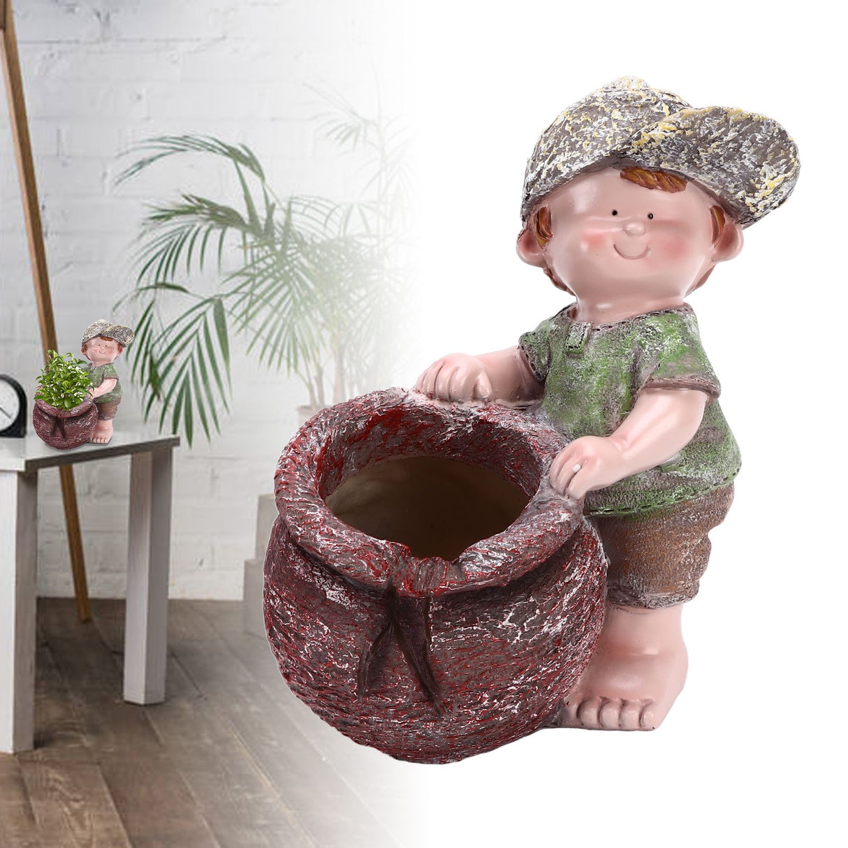 Flower Pot Ornament Cartoon Kid Shape Waterproof Textured Exquisite Vivid Statue for Garden Lawn Desk Decoration