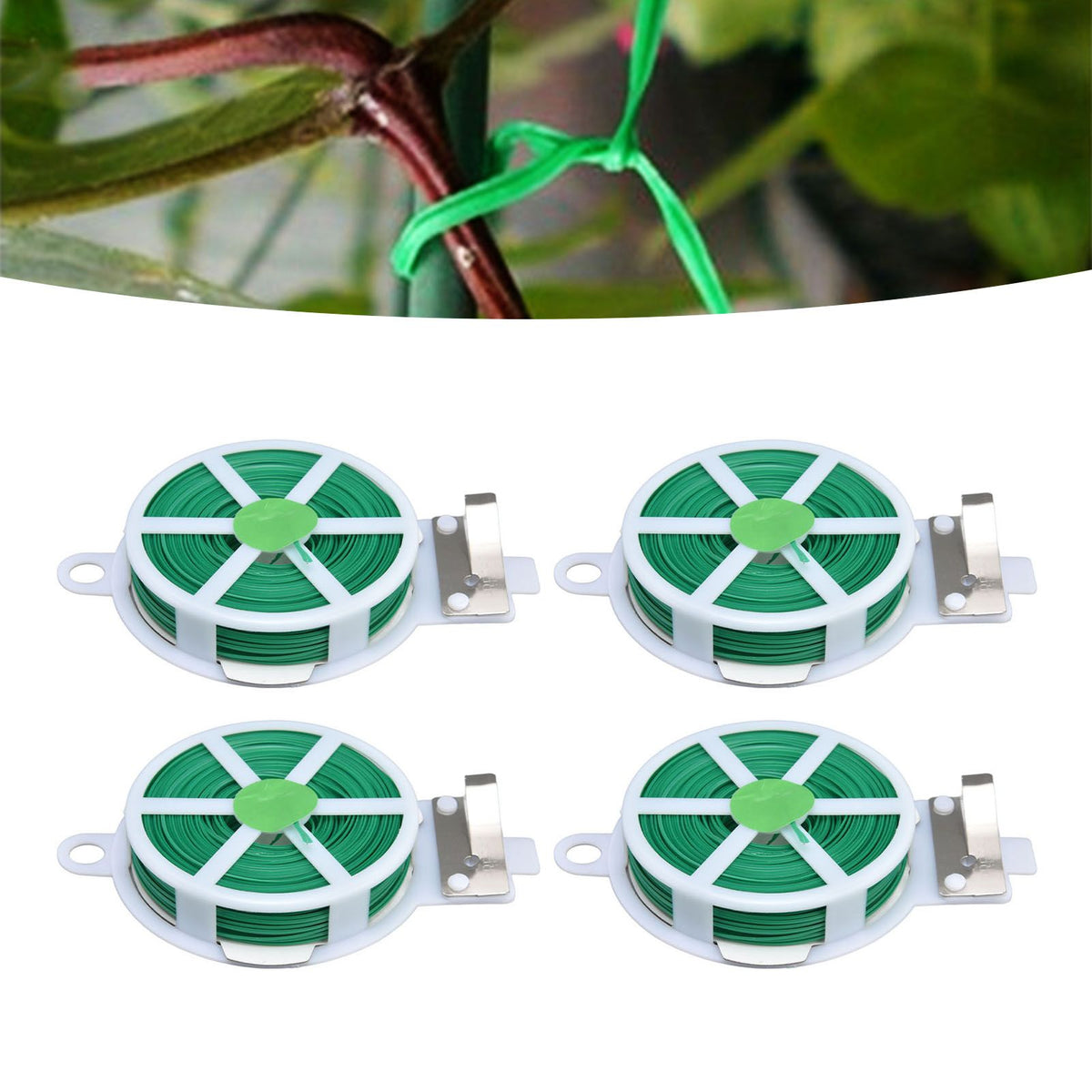 4pcs Plant Ties 50 Meters Green Twist Ties Wire with Built in Cutter for Garden Courtyard Indoor Plants Support Fixing