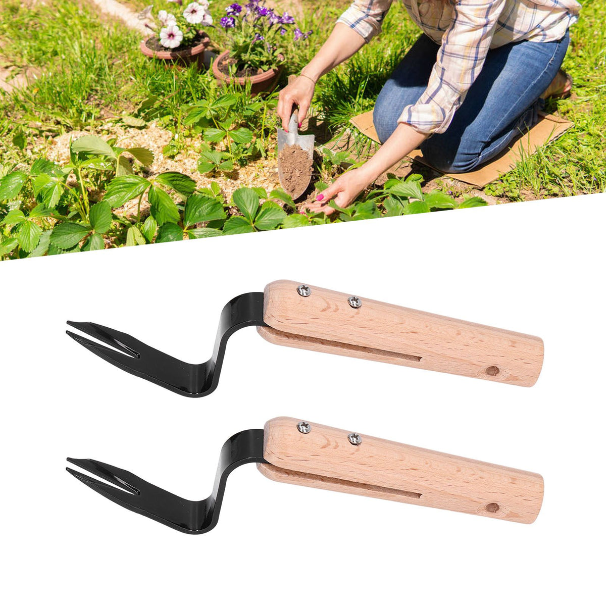 2Pcs Forked Head Hand Weeder Puller Wood Handle Remove Weeds Shovel Garden Weeding Fork Trimming Tools Planting Gadgets