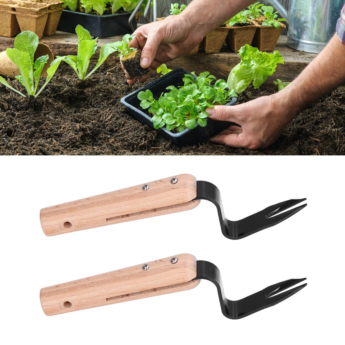 2Pcs Forked Head Hand Weeder Puller Wood Handle Remove Weeds Shovel Garden Weeding Fork Trimming Tools Planting Gadgets