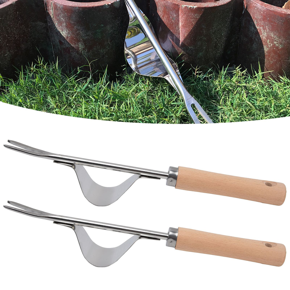 2Pcs Garden Hand Weeder Stainless Steel Sturdy Durable Rustproof Glossy Handle Weed Removal Tool