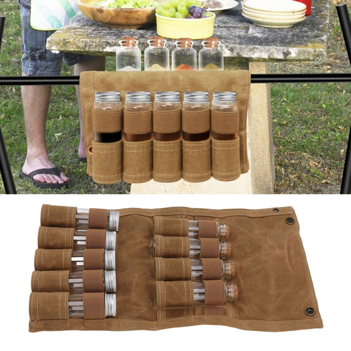 Spice Bottle Bag Wet Wax Canvas Portable Seasoning Storage Bag with 9 Glass Seasoning Bottle for Outdoor Camping Khaki
