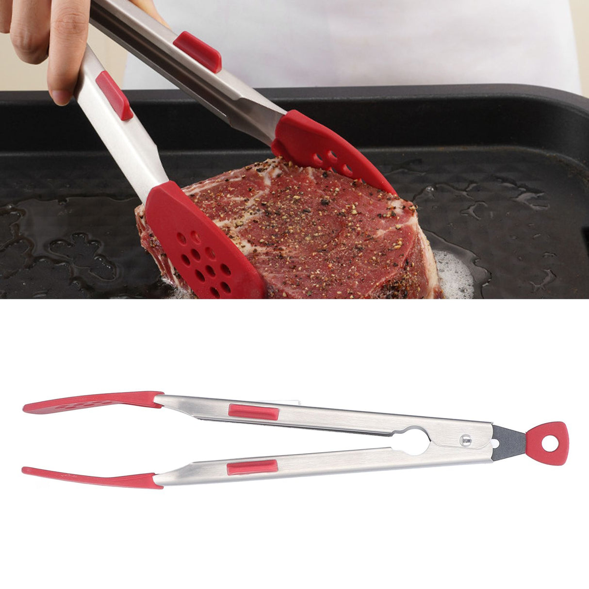 Food Tong Thickened 304 Stainless Steel Anti Slip Corrosion Resistant Barbecue Tongs for Restaurant Kitchen Baking Red