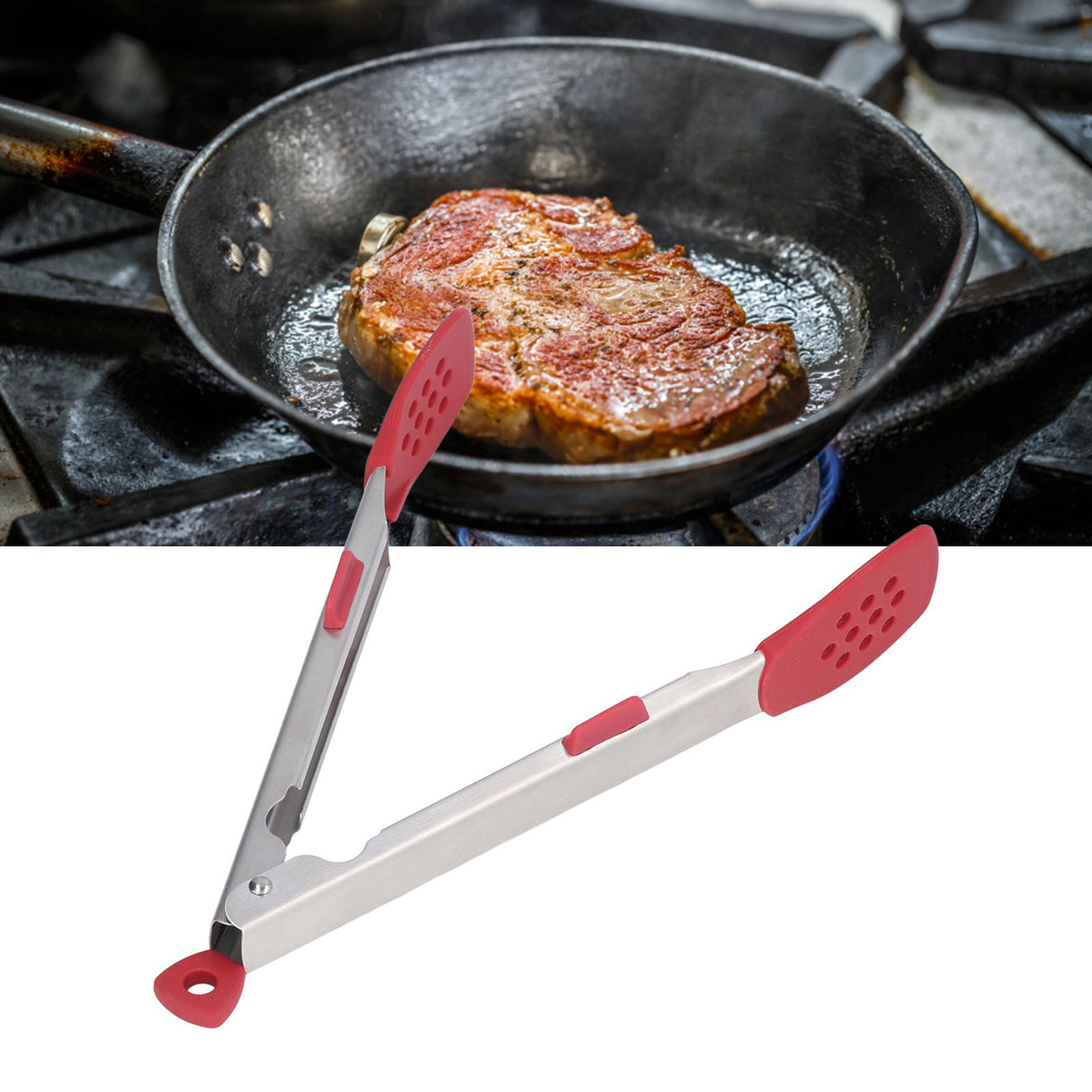 Food Tong Thickened 304 Stainless Steel Anti Slip Corrosion Resistant Barbecue Tongs for Restaurant Kitchen Baking Red