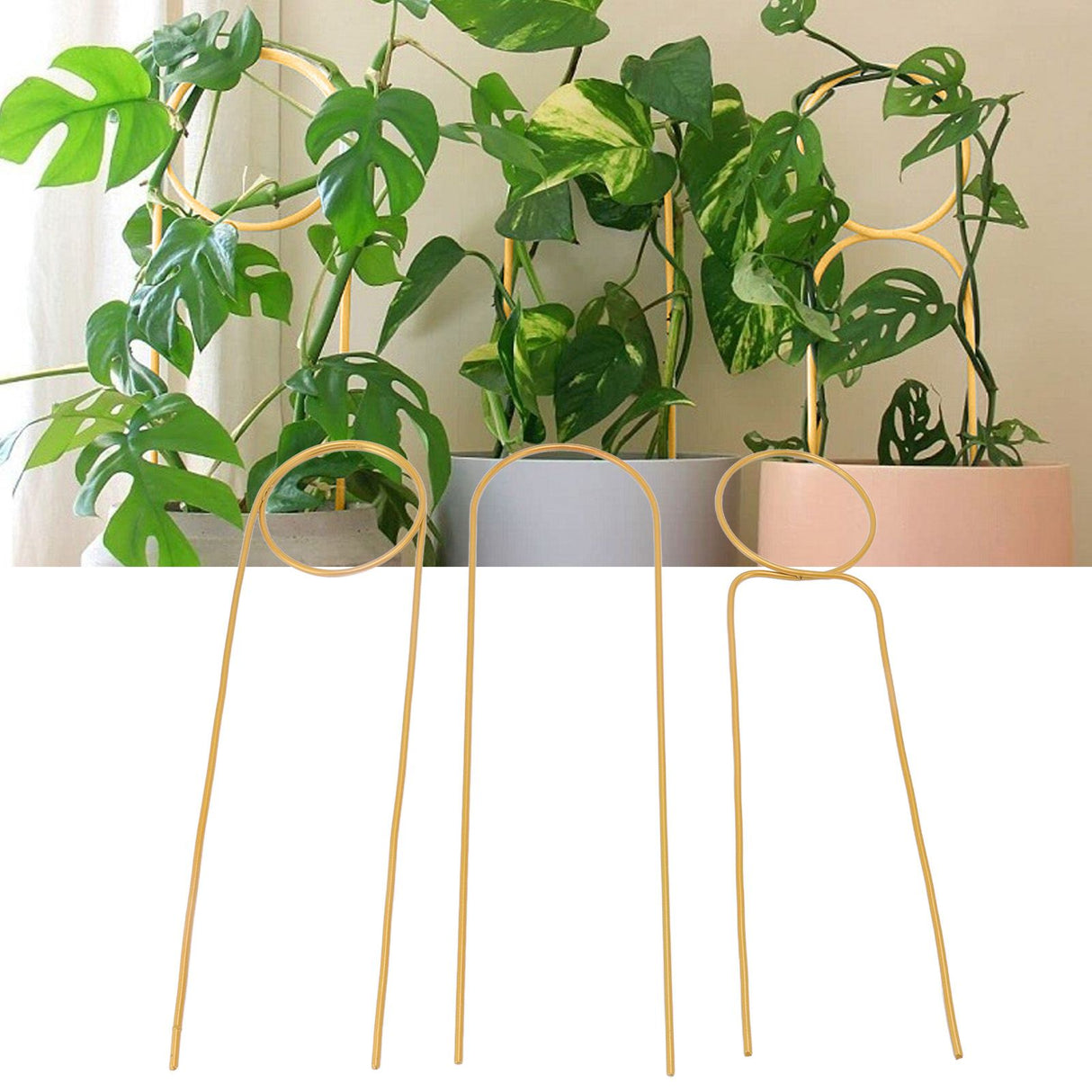 3 Pcs Plant Trellis 40cm Wrought Iron Metal Plant Climbing Trellis Indoor Green Plant Potted Flower Arrangement Bracket Gold