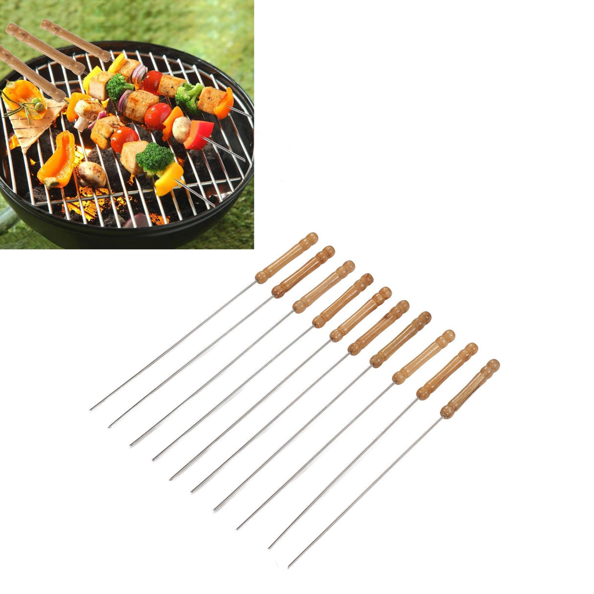 10pcs Barbecue Skewers Wooden Handle Stainless Steel BBQ Kabob Sticks for Outdoor Barbecue 11.8in