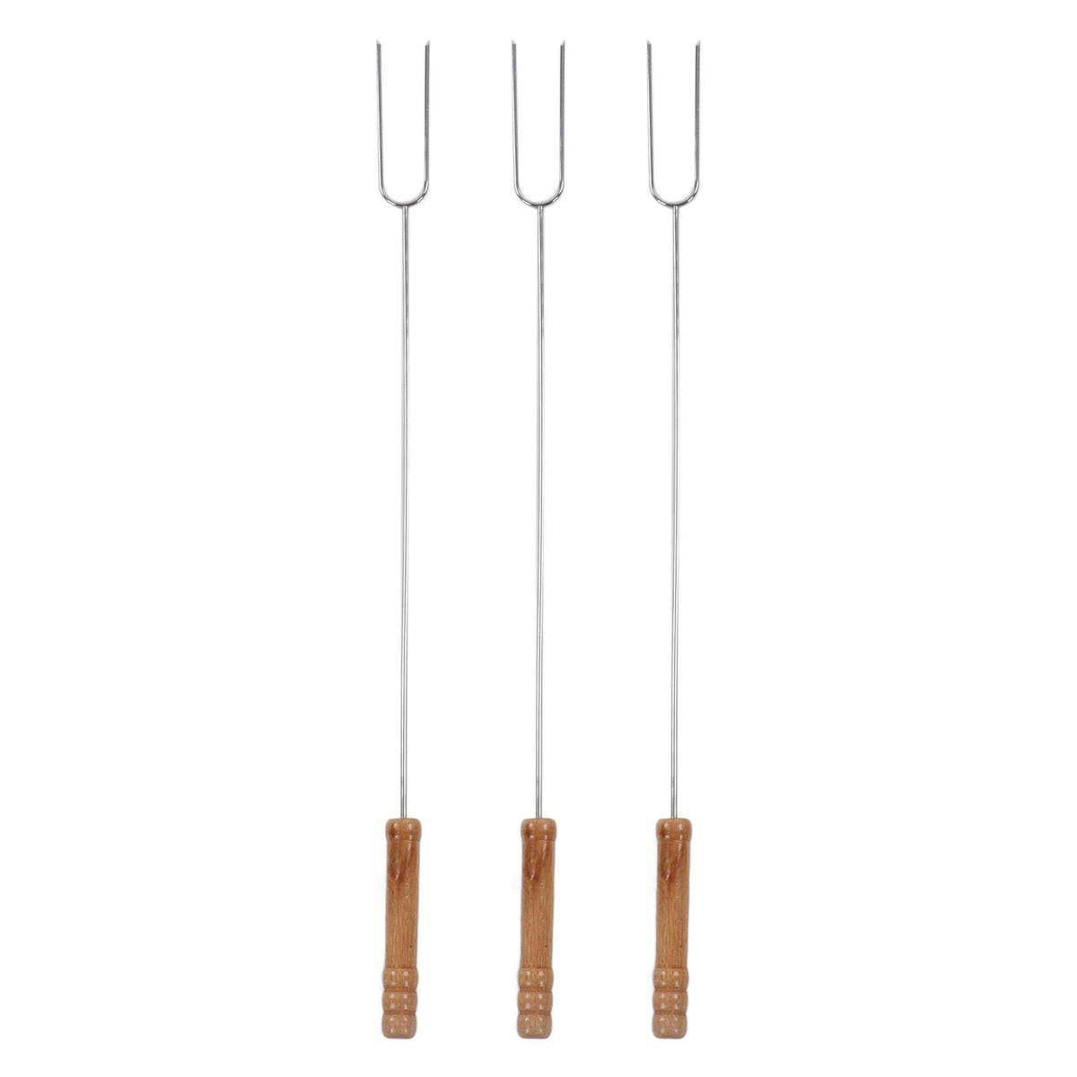 3Pcs Barbecue Forks Multifunctional Stainless Steel Roasting Stick with Beech Wood Handle for Outdoor BBQ Camping 47.2cm
