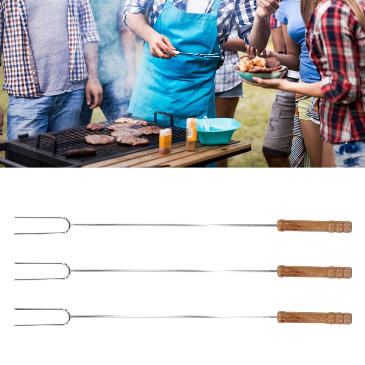 3Pcs Barbecue Forks Multifunctional Stainless Steel Roasting Stick with Beech Wood Handle for Outdoor BBQ Camping 47.2cm