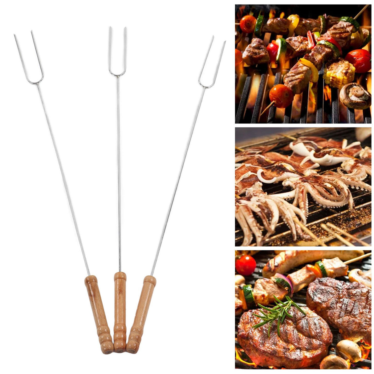 3Pcs Barbecue Forks Multifunctional Stainless Steel Roasting Stick with Beech Wood Handle for Outdoor BBQ Camping 47.2cm