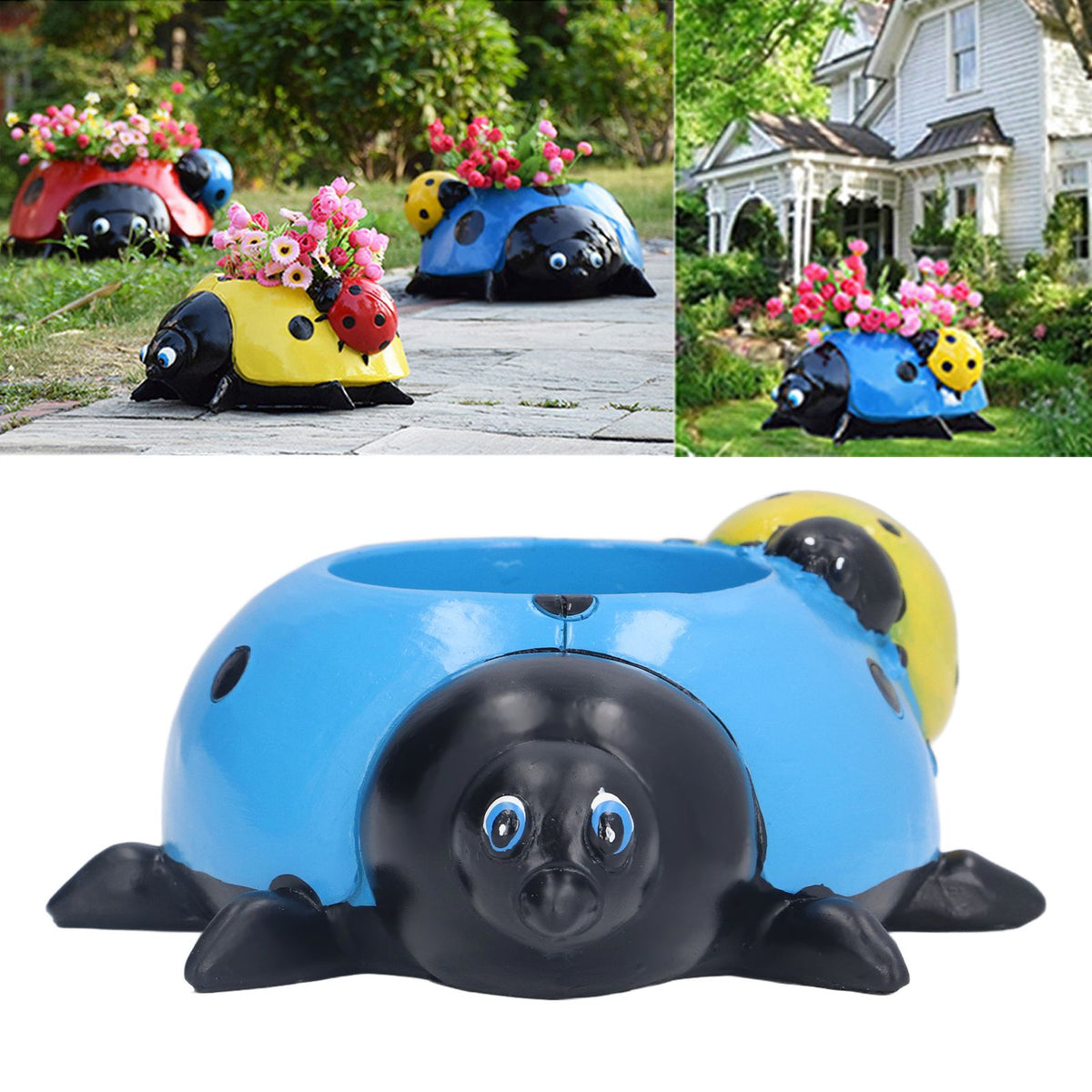 Ladybugs Flower Pot Simulation Cute Resin Animal Succulent Plant Container for Garden Decorations W95