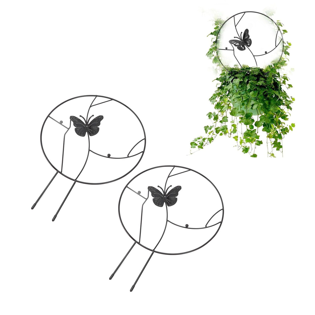2PCS Flower Plant Support Stand Iron Climbing Frame for Home Garden Round Ring Design Black