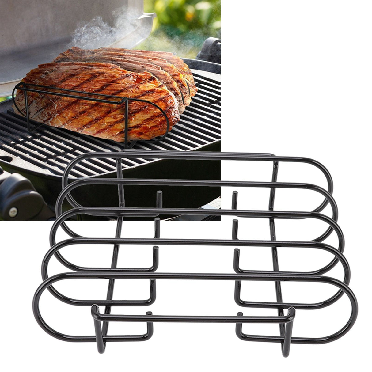 Rib Rack 4 Rows Capacity Compact Portable Iron Material Black Durable Reusable Barbecue Standing Rib Rack for Camping