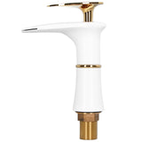 G1/2 Bathroom Faucet Washing Basin Bathroom Sink Tap Waterfall Single Hole Faucet for House Office BuildingWhite and Gold Short Style with Golden Handle - Close-Up Angle
