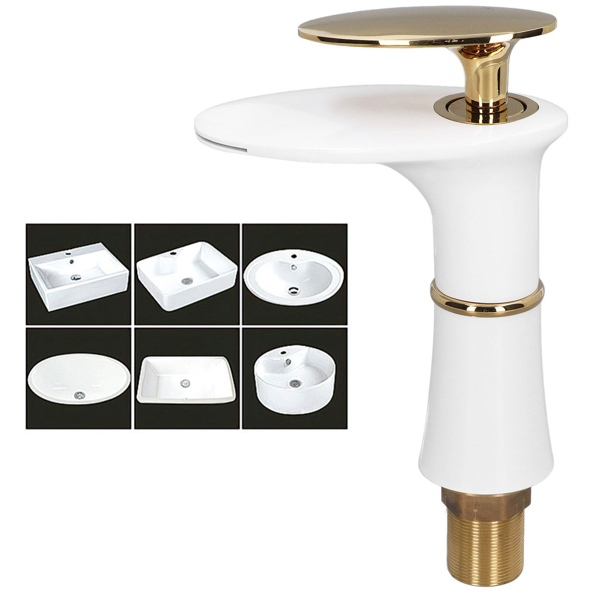 G1/2 Bathroom Faucet Washing Basin Bathroom Sink Tap Waterfall Single Hole Faucet for House Office BuildingWhite and Gold Short Style with Golden Handle