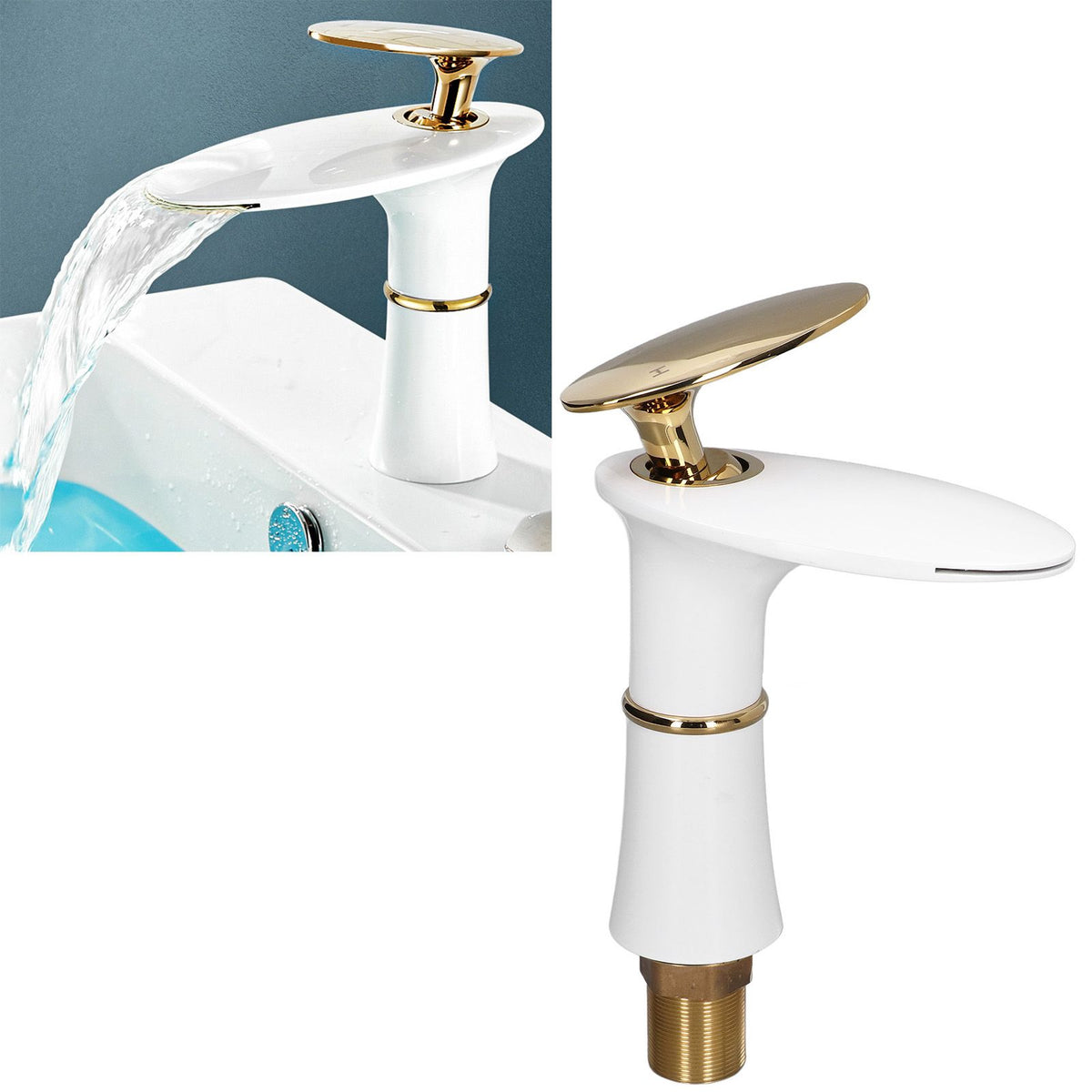 G1/2 Bathroom Faucet Washing Basin Bathroom Sink Tap Waterfall Single Hole Faucet for House Office BuildingWhite and Gold Short Style with Golden Handle