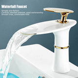 G1/2 Bathroom Faucet Washing Basin Bathroom Sink Tap Waterfall Single Hole Faucet for House Office BuildingWhite and Gold Short Style with Golden Handle