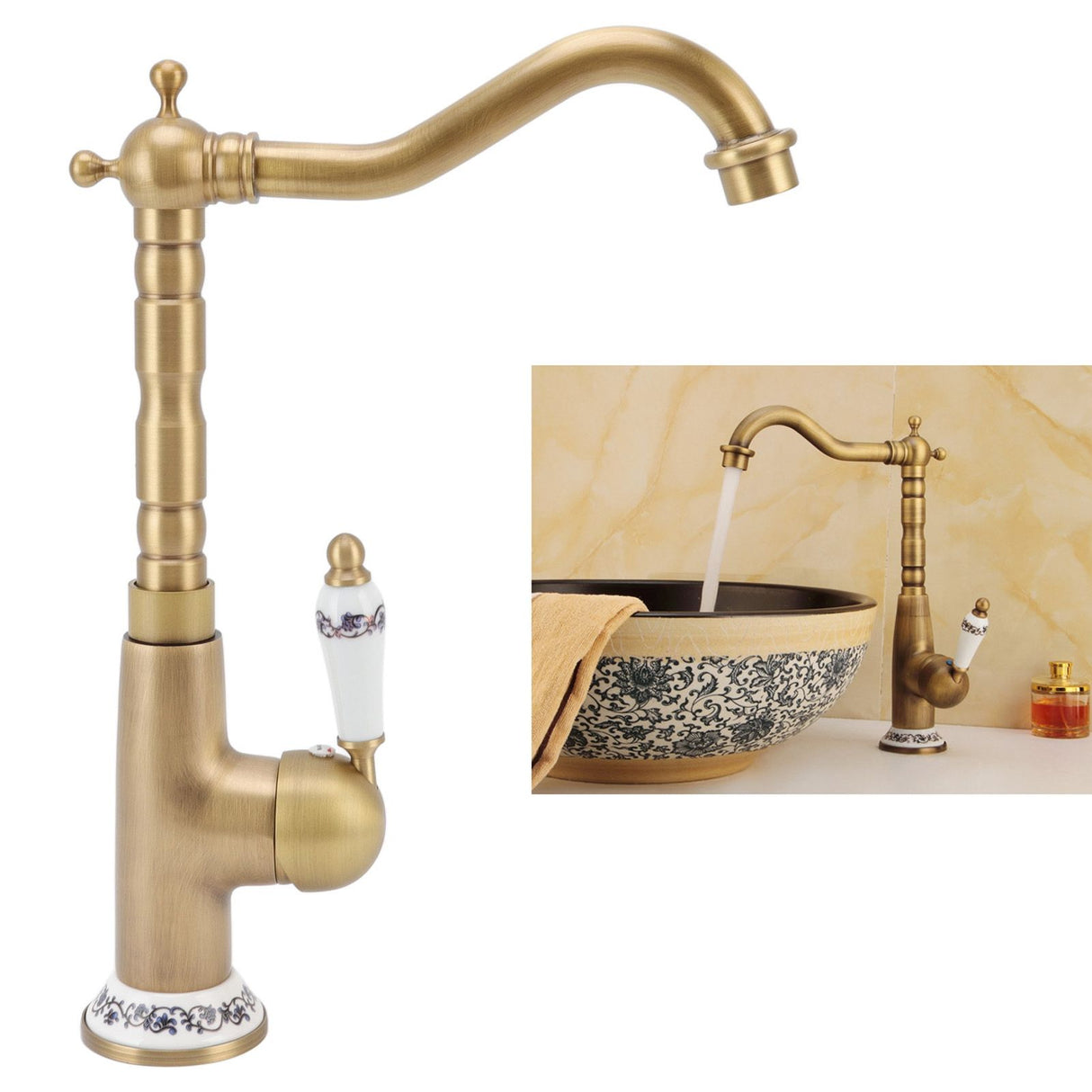 Antique Kitchen Faucet Gold All Copper European Antique Hot Cold Mixed 360° Rotating Kitchen Bathroom Sink Faucet Antique Color