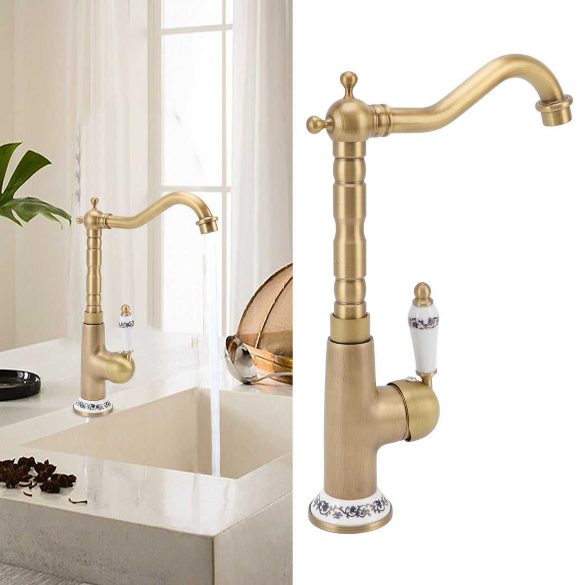Antique Kitchen Faucet Gold All Copper European Antique Hot Cold Mixed 360° Rotating Kitchen Bathroom Sink Faucet Antique Color