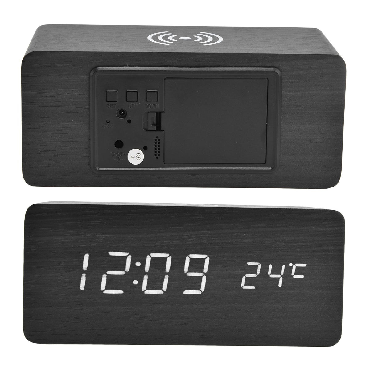 Digital Alarm Clock Wireless Charging Automatic Temperature Detection Safe Stable LED Electronic ClockBlack