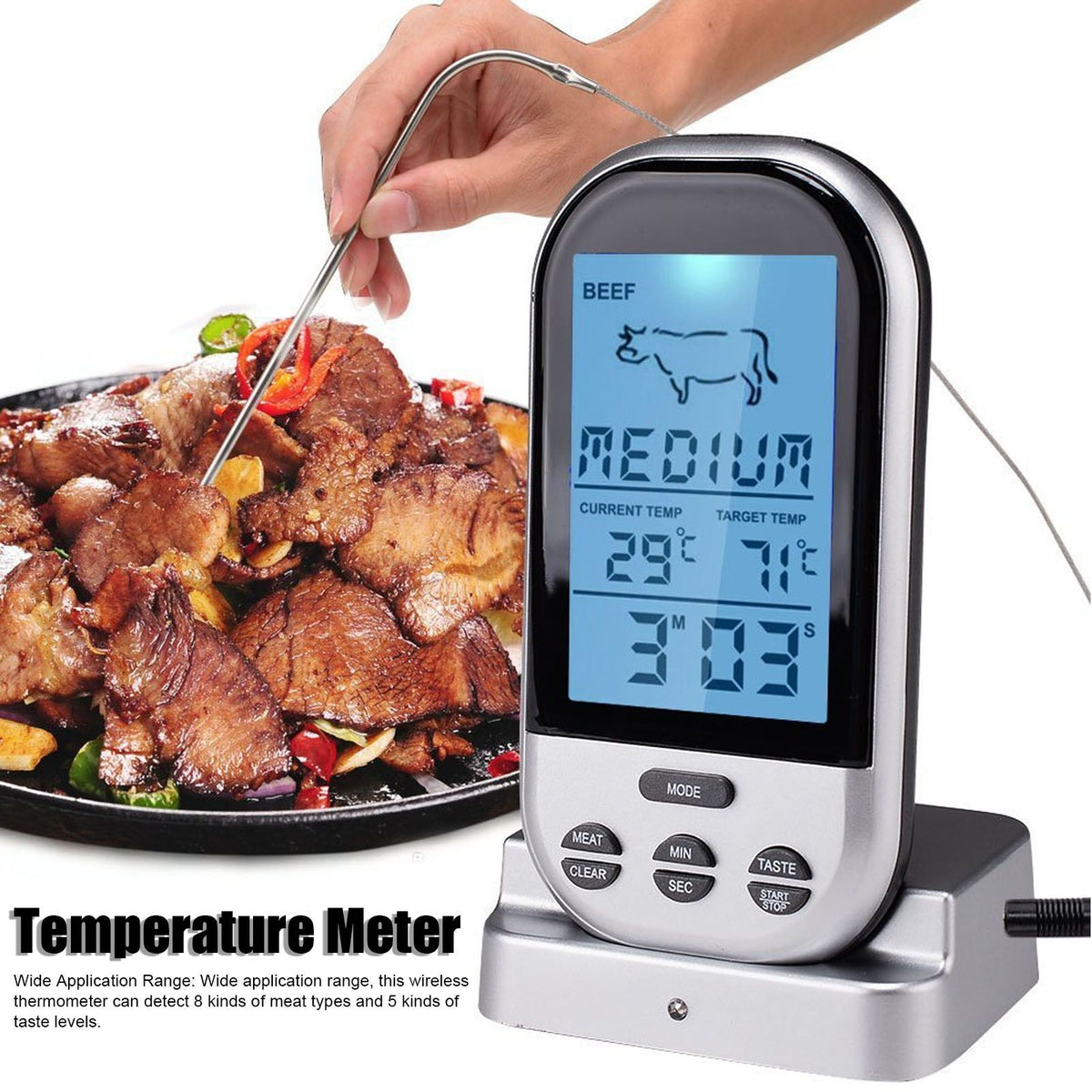 Wireless Thermometer Timer Overtime Alarm Function Practical Temperature Meter for Kitchen Barbecue Cooking