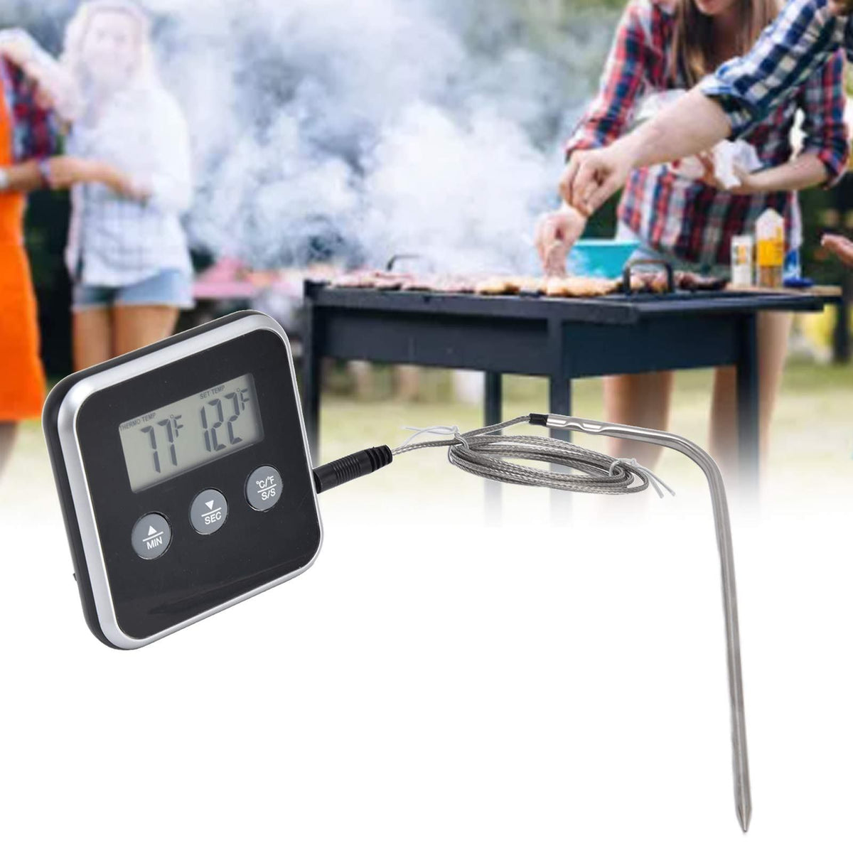 Meat Thermometer Smart 3 Buttons Digital LED Display Multifunctional Oven Thermometer with Probe for Cooking Baking BBQBlack