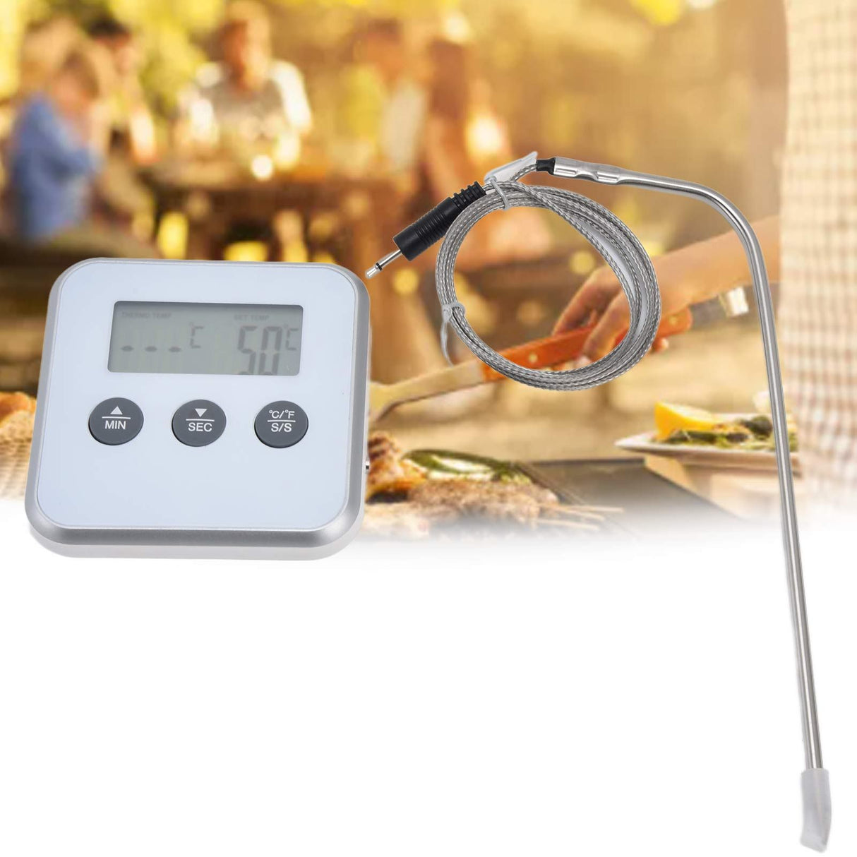 Meat Thermometer Smart 3 Buttons Digital LED Display Multifunctional Oven Thermometer with Probe for Cooking Baking BBQWhite