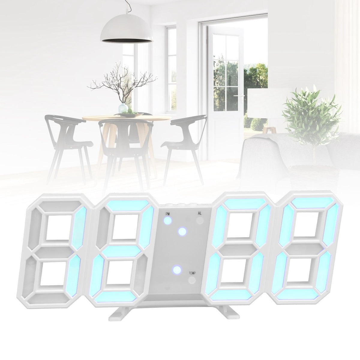 Digital Wall Clock Modern Design Temperature Display Alarm Function Sound Control Auto Sleep LED Wall ClockWhite Shell Blue Words