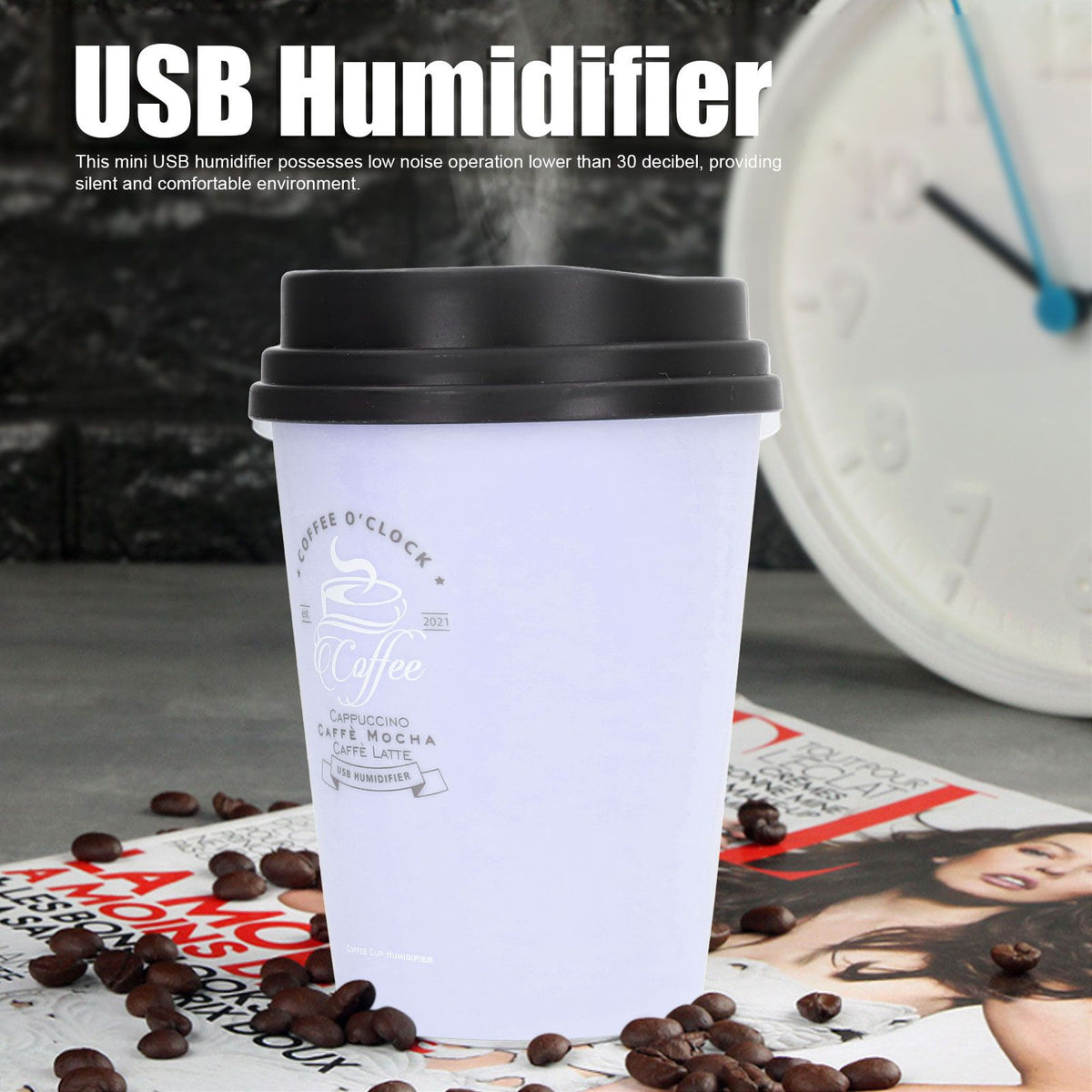 USB Humidifier 300ml Coffee Cup Low Noise Auto Off Compact Lightweight Space Saving Mini Humidifier for Car Home OfficePurple