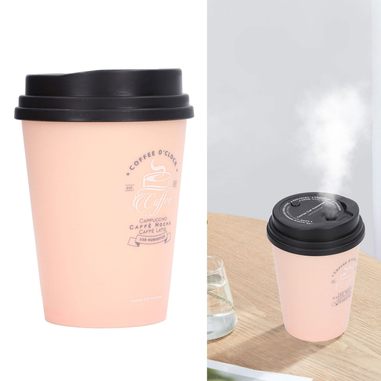USB Humidifier 300ml Coffee Cup Low Noise Auto Off Compact Lightweight Space Saving Mini Humidifier for Car Home OfficePink