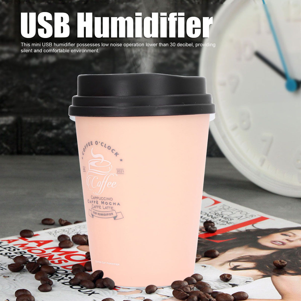 USB Humidifier 300ml Coffee Cup Low Noise Auto Off Compact Lightweight Space Saving Mini Humidifier for Car Home OfficePink