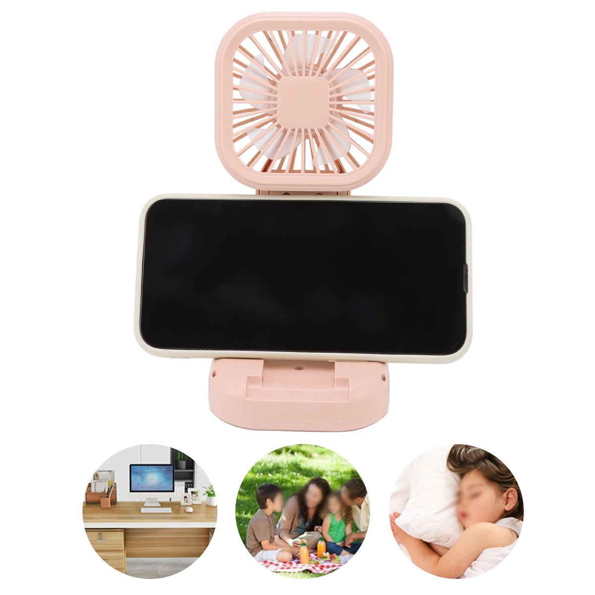 Portable Folding Fan 3 Level Wind Speed USB Powered Rechargeable Rotatable Handheld Desktop Small Fan Pink