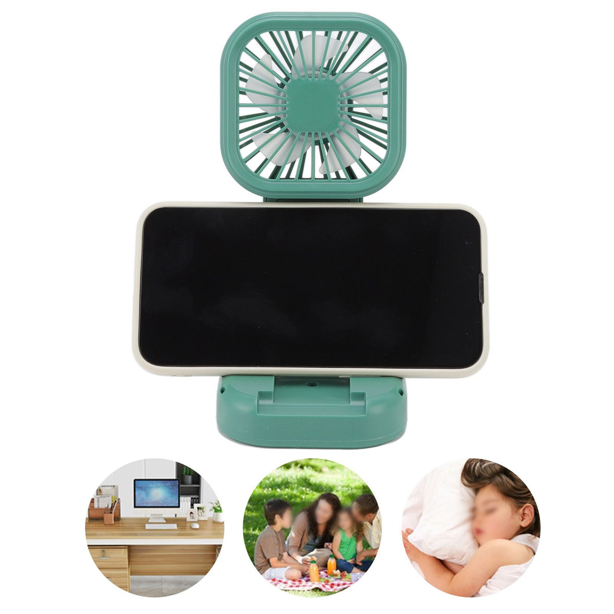 Portable Folding Fan 3 Level Wind Speed USB Powered Rechargeable Rotatable Handheld Desktop Small Fan Green