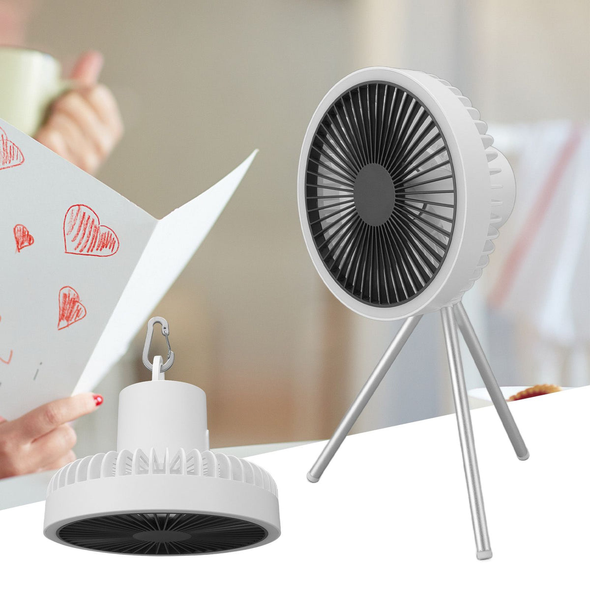 Tripod Fan 10000mAh 3 Gears Adjustable Timing Function Portable Desktop Fan with Light for Outdoor Camping White