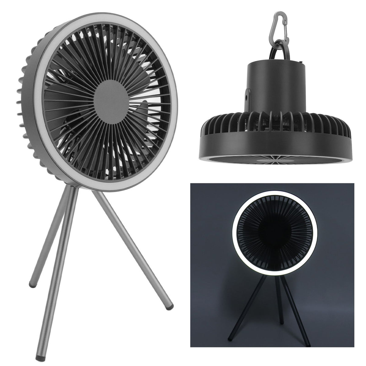 Tripod Fan 10000mAh 3 Gears Adjustable Timing Function Portable Desktop Fan with Light for Outdoor Camping Gray