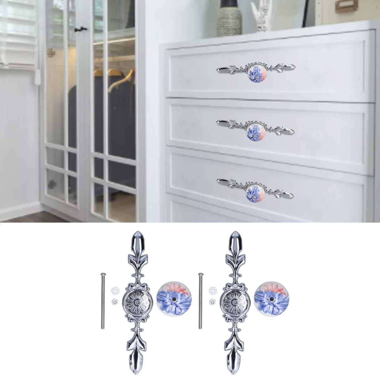 2pcs/set Ceramic Cabinet Handle Modern Simple Style Hand Painted Ceramic Cabinet Knobs1060D Plantain Blue and White Porcelain