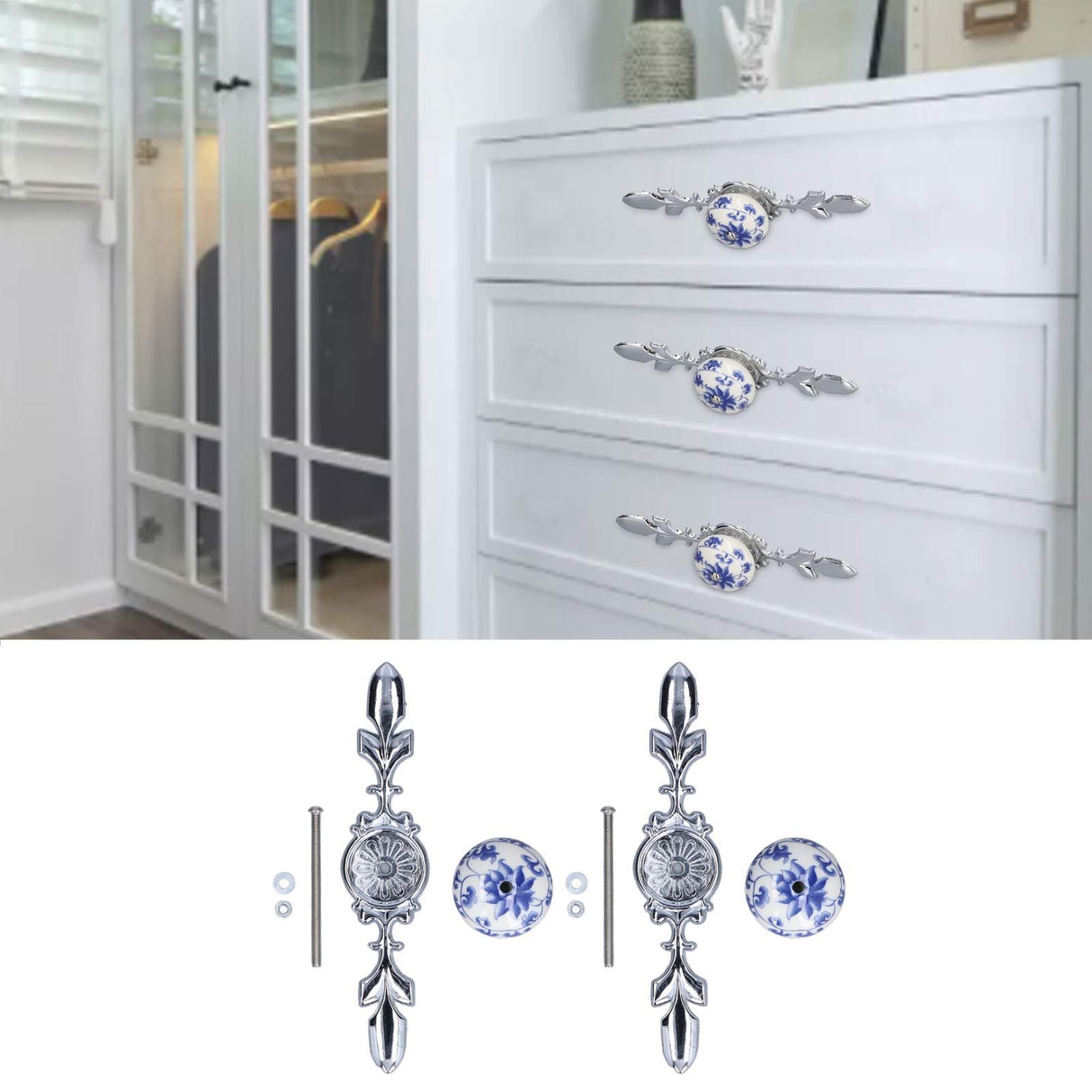 2pcs/set Ceramic Cabinet Handle Modern Simple Style Hand Painted Ceramic Cabinet Knobs1060D Rich Flower Blue and White Porcelain