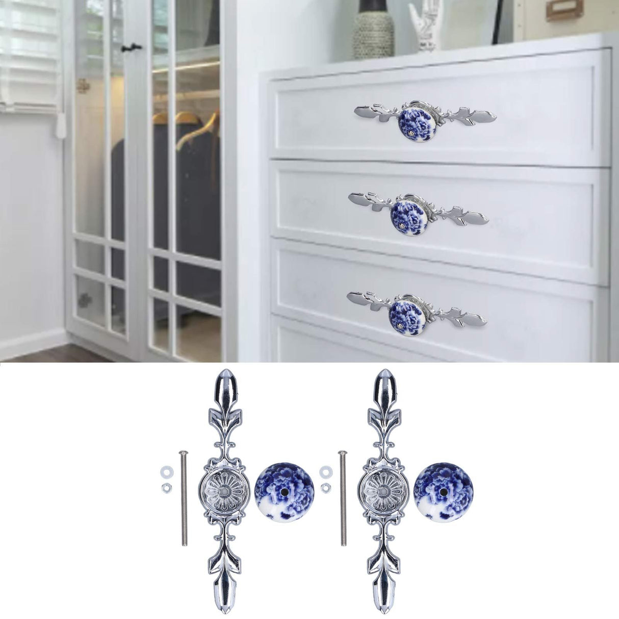 2pcs/set Ceramic Cabinet Handle Modern Simple Style Hand Painted Ceramic Cabinet Knobs1060D Peony Blue and White Porcelain