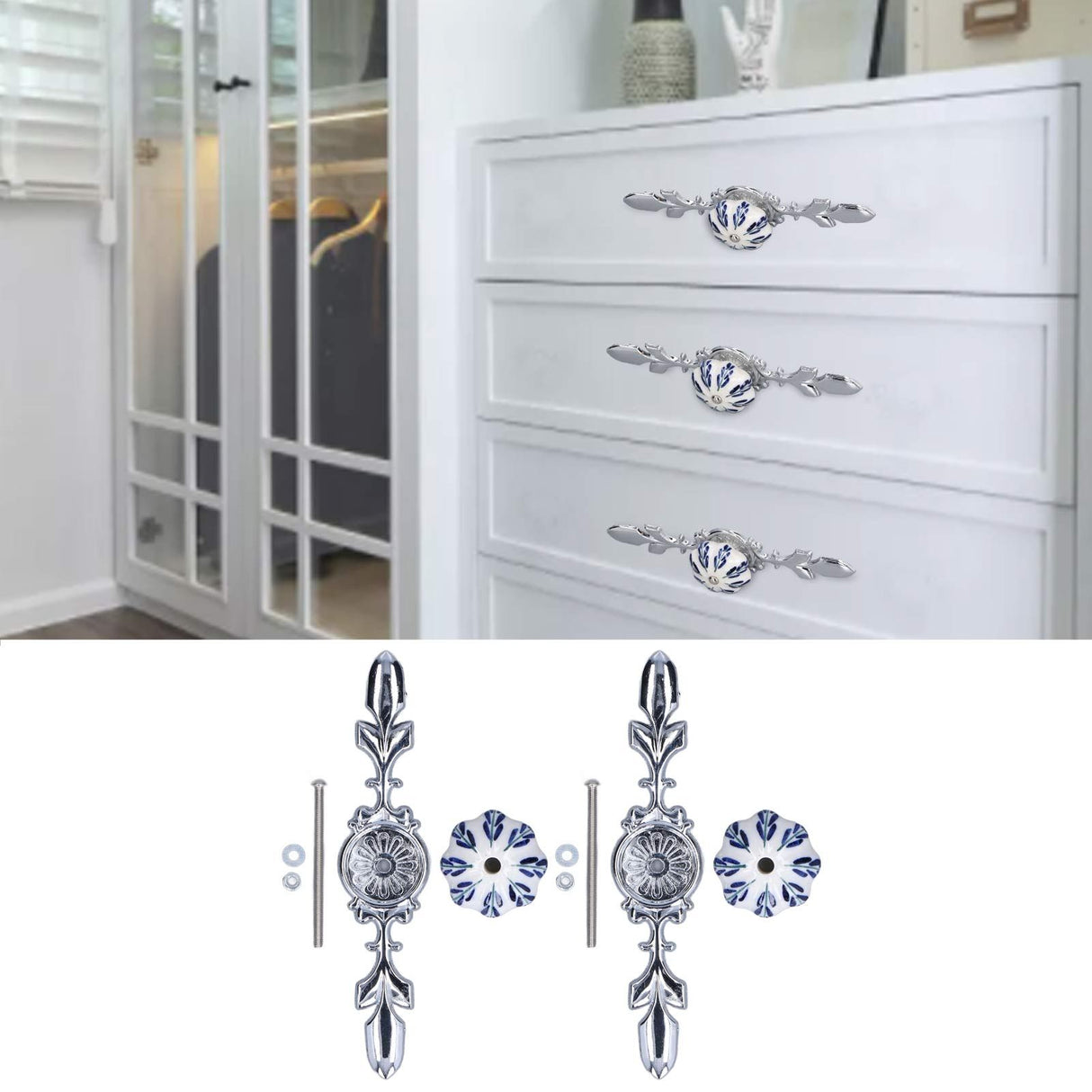 2pcs/set Ceramic Cabinet Handle Modern Simple Style Hand Painted Ceramic Cabinet Knobs1061D Pachira Macrocarpa Blue and White Porcelain