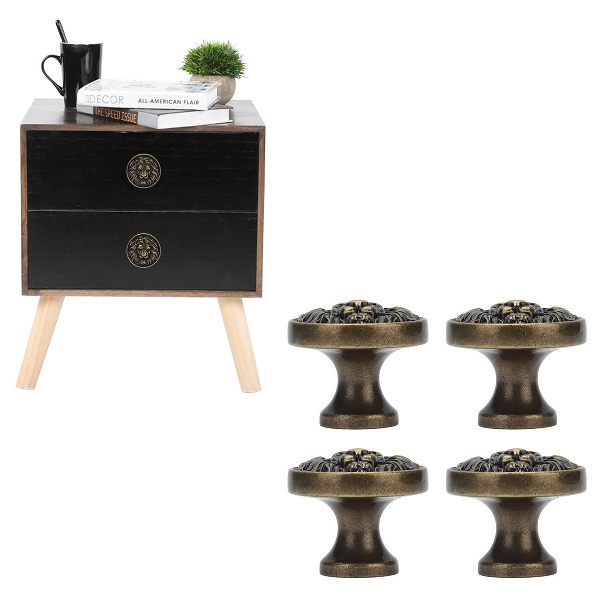 4Set Lion Head Zinc Alloy Cabinet Door Handle Modern Antique Cartoon Solid Drawer Pull Circular Single Hole Buckle Hand399 Lion Head Bronze